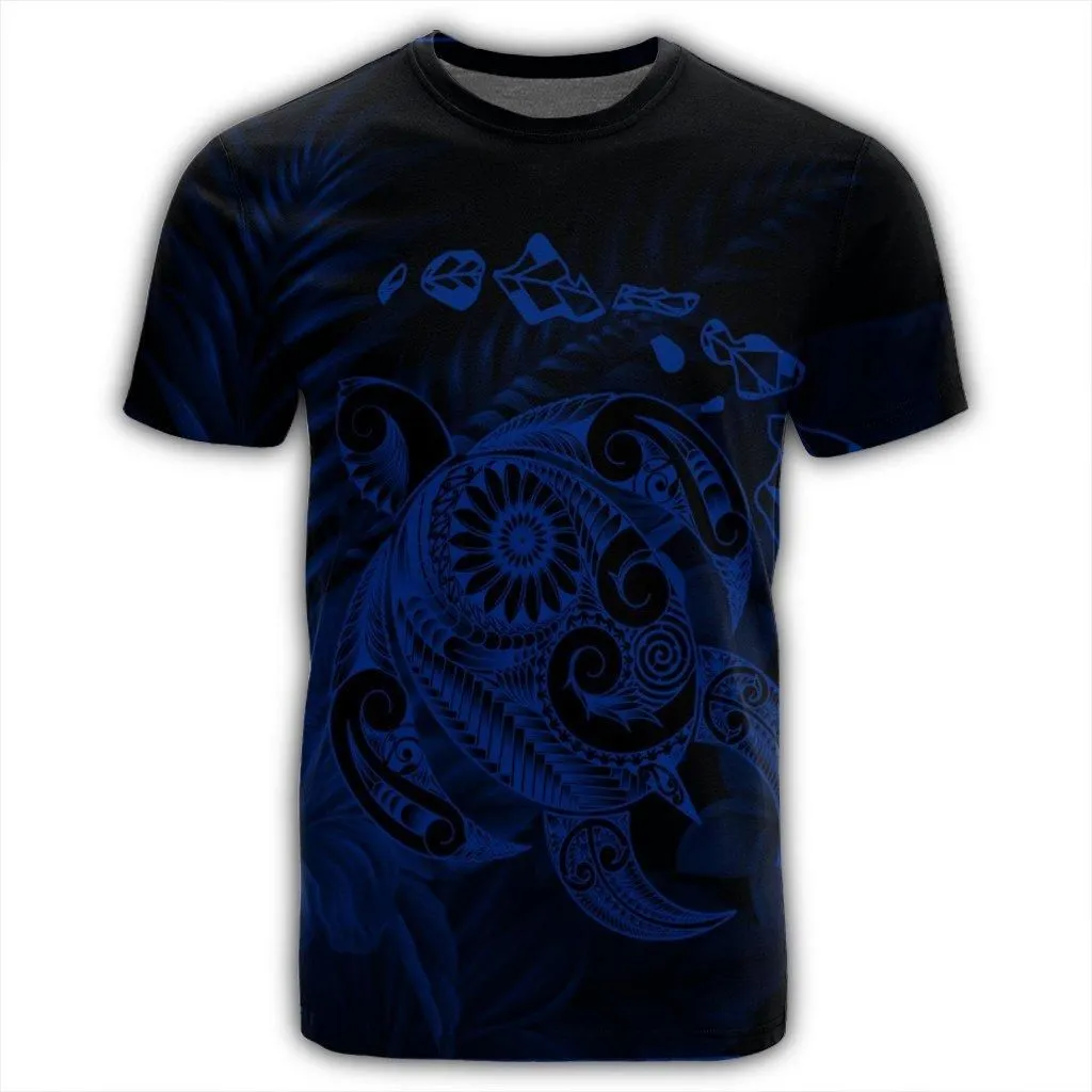 Hawaiian Map Turtle Tattoo Hibiscus Plumeria Polynesian T-Shirt - Blue - AH