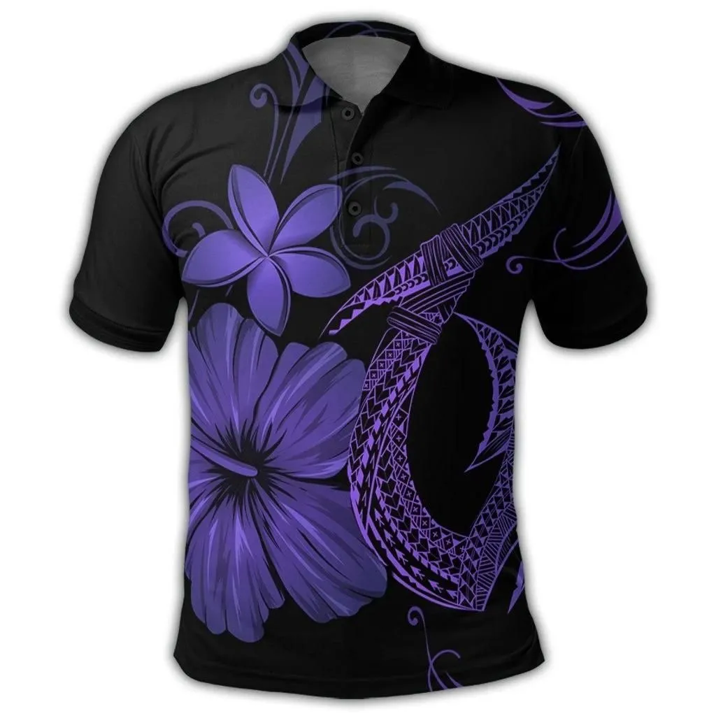 Alohawaii Shirt - Hawaiian Fish Hook Hibiscus Plumeria Polynesian Polo Shirt - Purple - AH - J4R