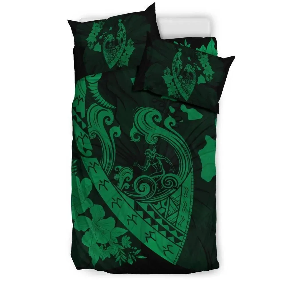 Hawaiian Fish Hook Hibiscus Banzai Surfing Polynesian Bedding Set Green - AH - J5
