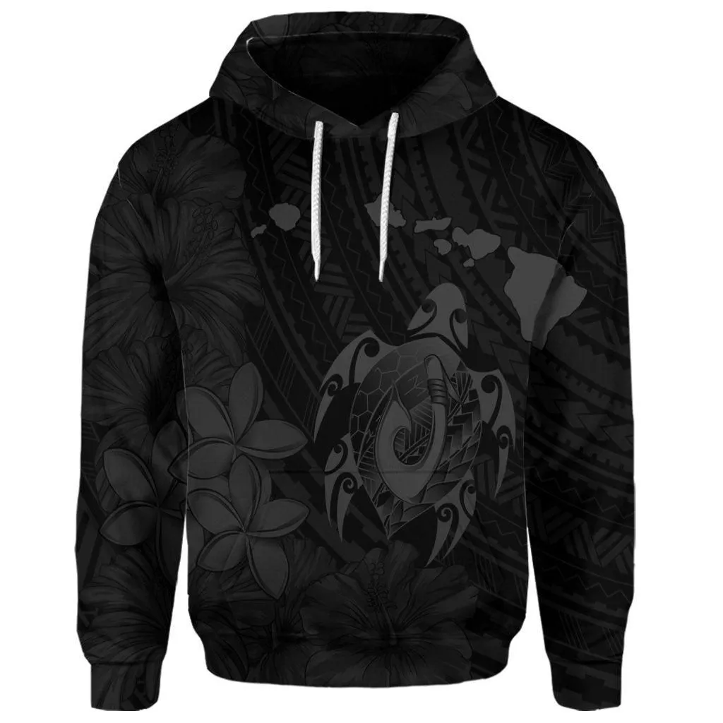 (Personalised) Hawaiian Map Turtle Plumeria Hibiscus Fish Hook Polynesian Hoodie Grey