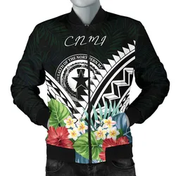 CNMI Mens Bomber Jacket - CNMI Coat of Arms & Polynesian Tropical Flowers White