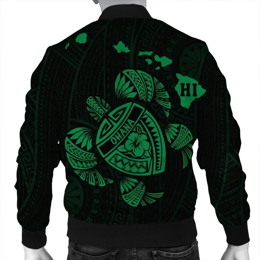 FamilyGater Jacket - Hawaiian Map Turtle Ohana Hibicus Polynesian Bomber Jacket - Green - AH - J6R