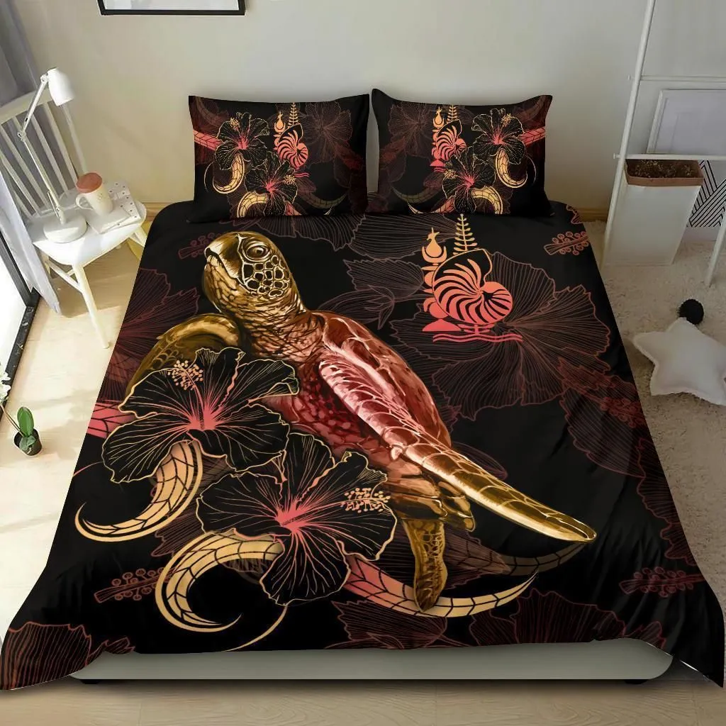 New Caledonia Polynesian Bedding Set - Turtle With Blooming Hibiscus Gold