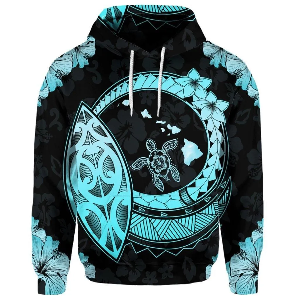 (Personalised) Hawaii Turtle Hibiscus Map Polynesian Hoodie Turquoise - AH