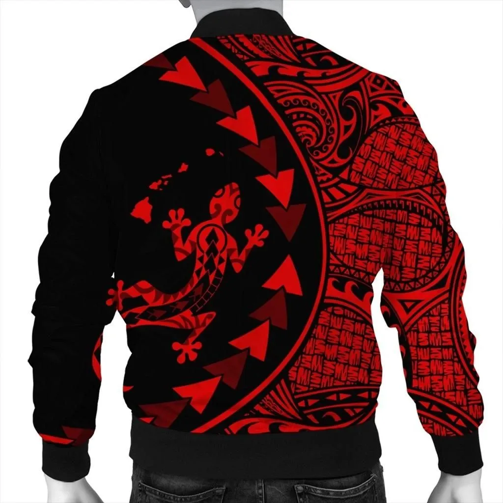 FamilyGater Jacket - Hawaiian Map Gecko Tattoo Kakau Polynesian Bomber Jacket Red AH - J0R