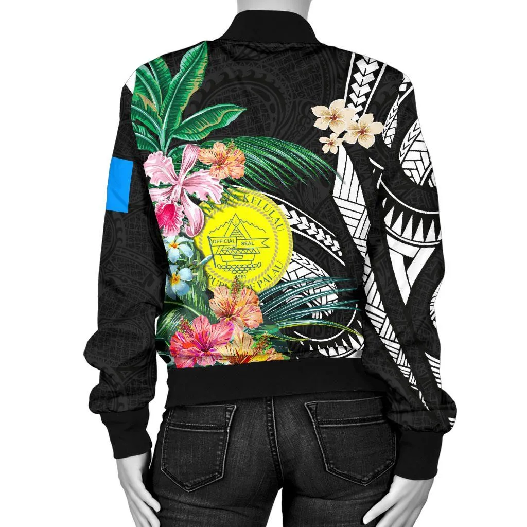 Palau Women's Bomber Jacket Coat Of Arms Polynesian With Hibiscus TH5