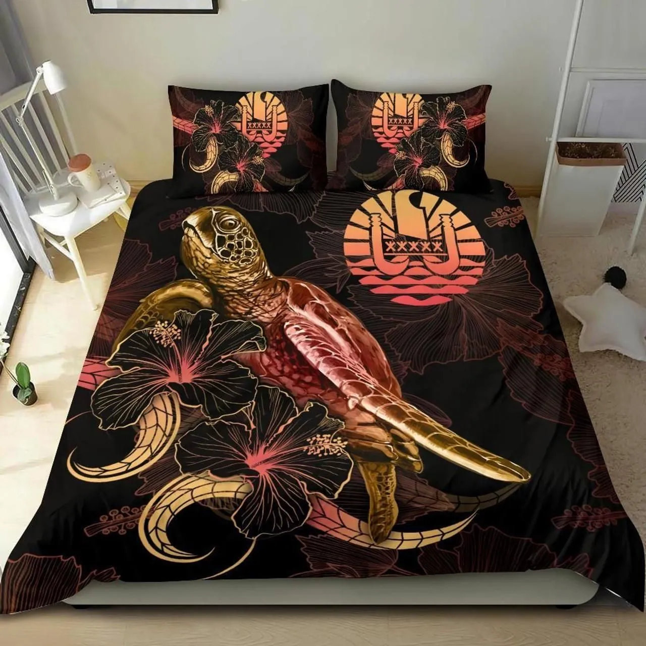 Tahiti Polynesian Bedding Set - Turtle With Blooming Hibiscus Gold