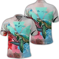 Hawaii Map Kanaka Sea Turtle Hibiscus Polo Shirt - Blue Pink
