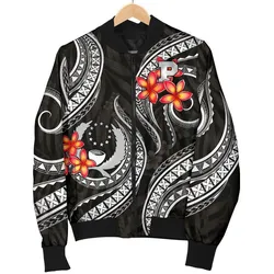 Pohnpei Micronesian Men Bomber Jacket - Black Plumeria