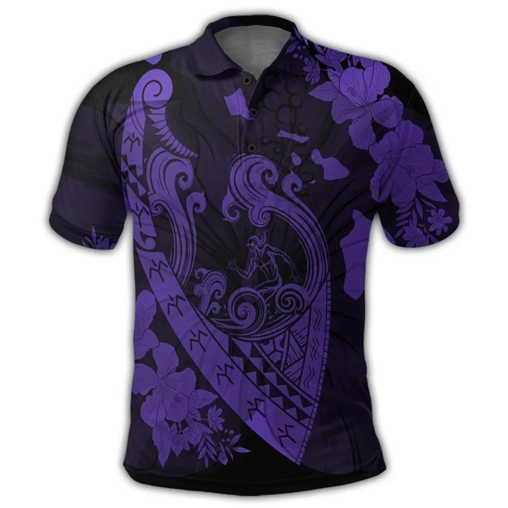 Alohawaii Shirt - Hawaiian Fish Hook Hibiscus Banzai Surfing Polynesian Polo Shirt Purple - AH - J5R