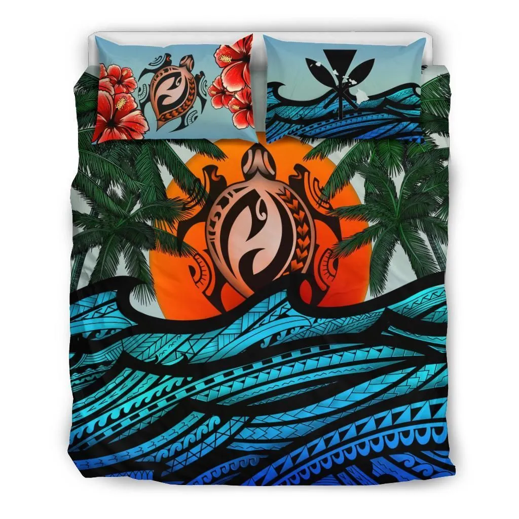 Kanaka Maoli (Hawaiian) Bedding Set - Polynesian Waves Turtle Coconut Tree and Hibiscus