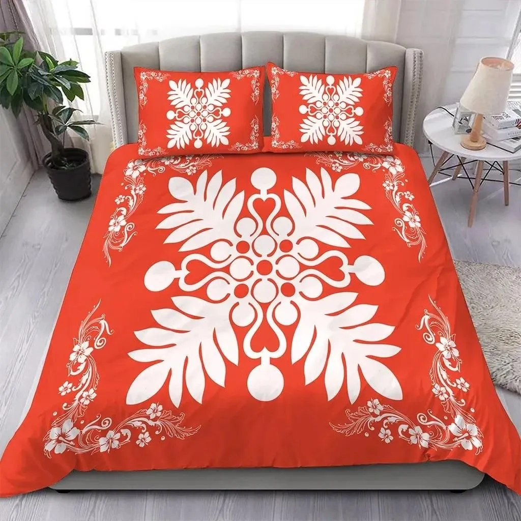Alohawaii Home Set - Hawaiian Quilt Maui Plant And Hibiscus Pattern Bedding Set - White Orange - AH J8