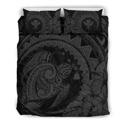 FamilyGater Home Set - Hawaiian Map Kanaka Honu Hibiscus Gray Globular Polynesian Bedding Set - AH - JD