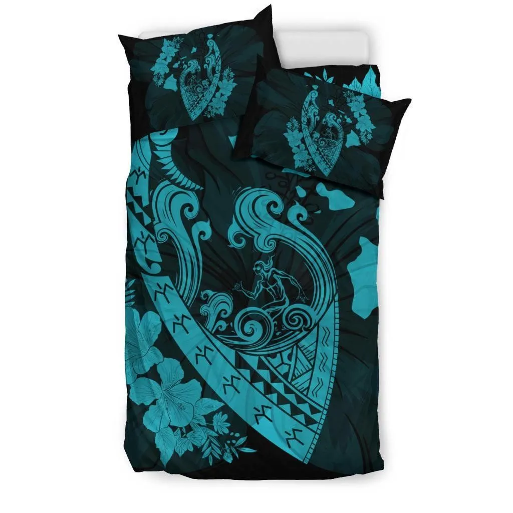 Hawaiian Fish Hook Hibiscus Banzai Surfing Polynesian Bedding Set Blue - AH - J5