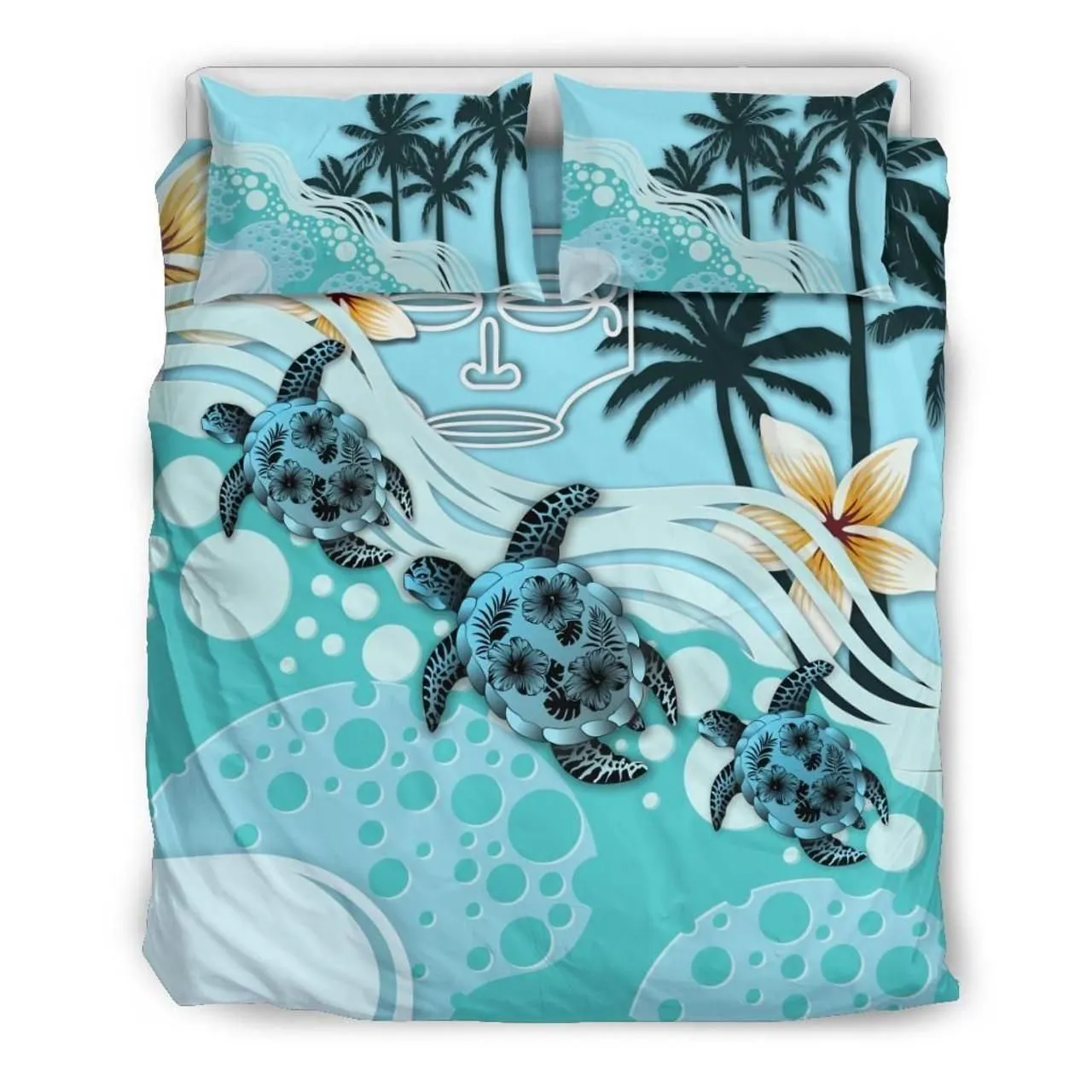 Polynesian Duvet Cover Set - Marquesas Islands Bedding Set Blue Turtle Hibiscus