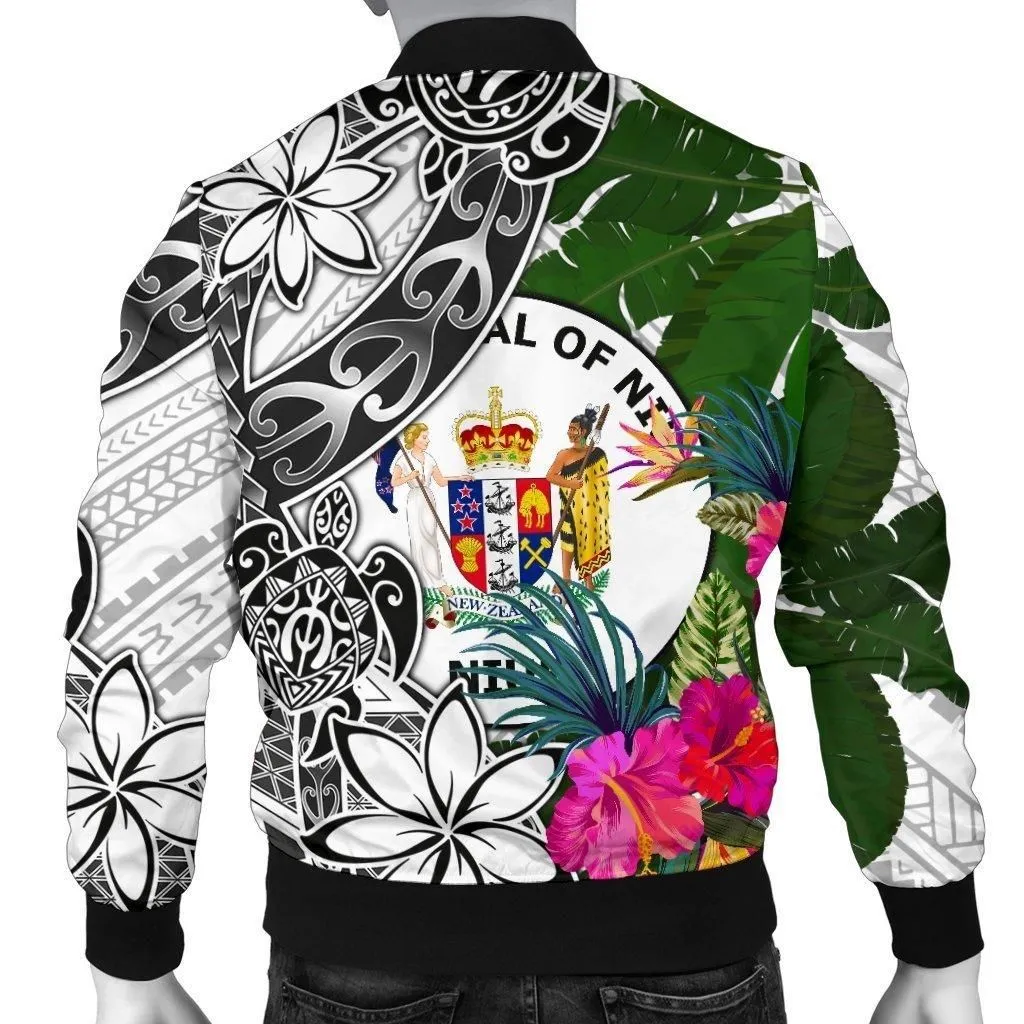 Niue Custom Personalised Mens Bomber Jacket White - Turtle Plumeria Banana Leaf