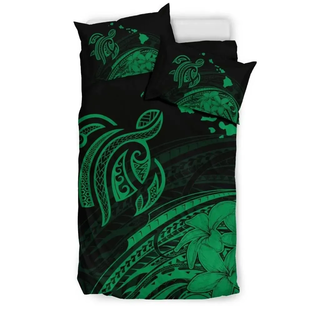 FamilyGater Bedding Set - Cover and Pillow Cases Hawaiian Map Turtle  Hibiscus Plumeria Polynesian Green - AH - J1