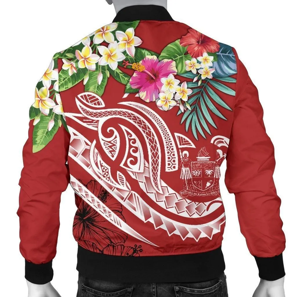 Fiji Polynesian Mens Bomber Jacket- Summer Plumeria (Red)