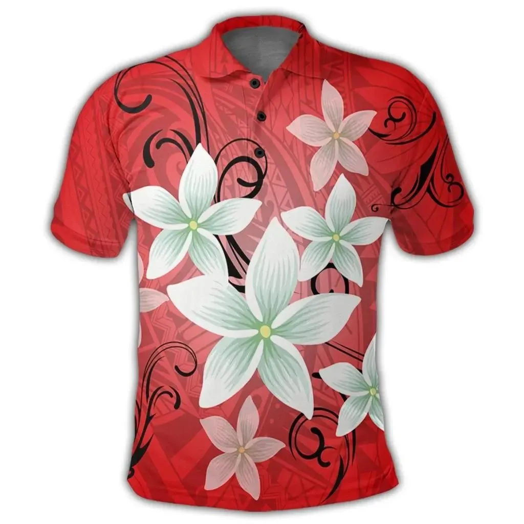 Alohawaii Shirt - Hawaiian Plumeria Polynesian Polo Shirt - Red - AH - J4R