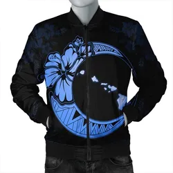 Hawaiian Map Hibiscus Turtle Polynesian Moon Bomber Jacket Blue