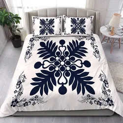 Alohawaii Home Set - Hawaiian Quilt Maui Plant And Hibiscus Pattern Bedding Set - Indigo White - AH J8