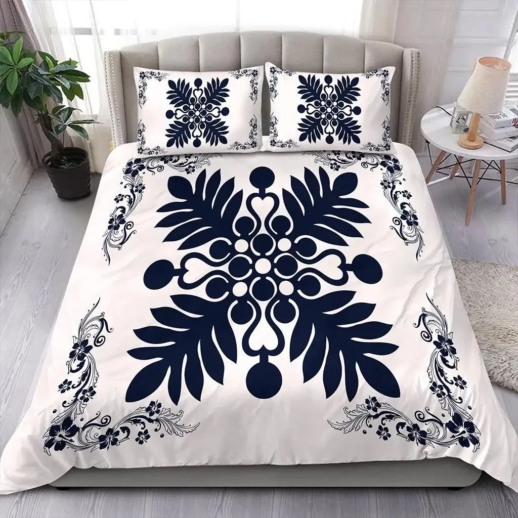 Alohawaii Home Set - Hawaiian Quilt Maui Plant And Hibiscus Pattern Bedding Set - Indigo White - AH J8