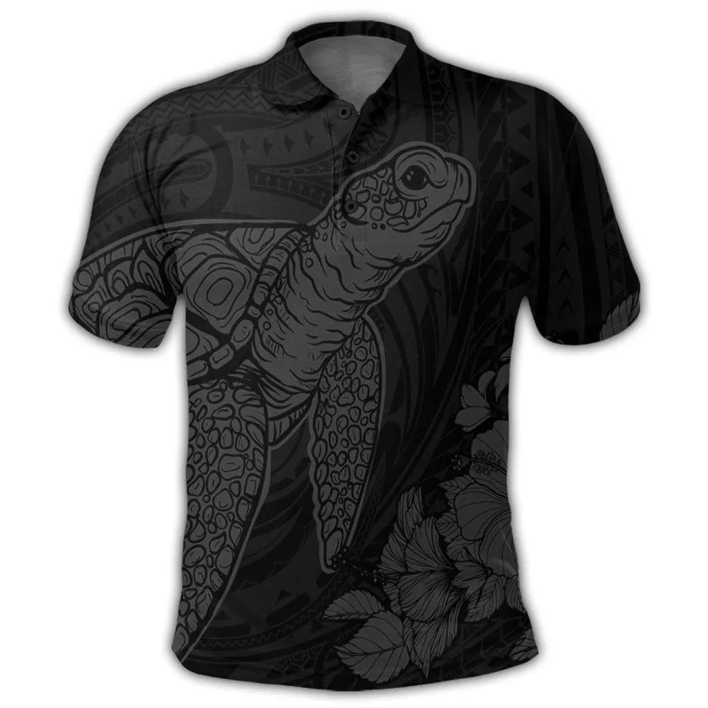 Hawaiian Hibiscus Memory Turtle Polynesian Polo Shirt Gray - AH
