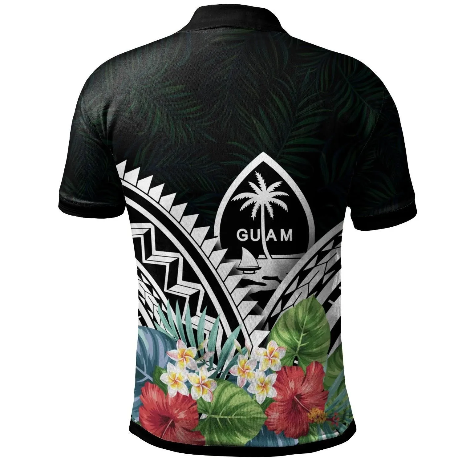 Guam Polo Shirt - Guam Coat of Arms & Polynesian Tropical Flowers White - BN22