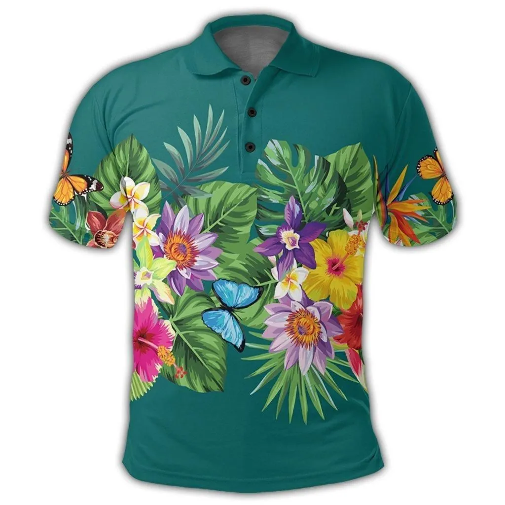 Hawaiian Tropical Strelitzia Plumeria Orchids Hibiscus Polynesian Polo Shirt