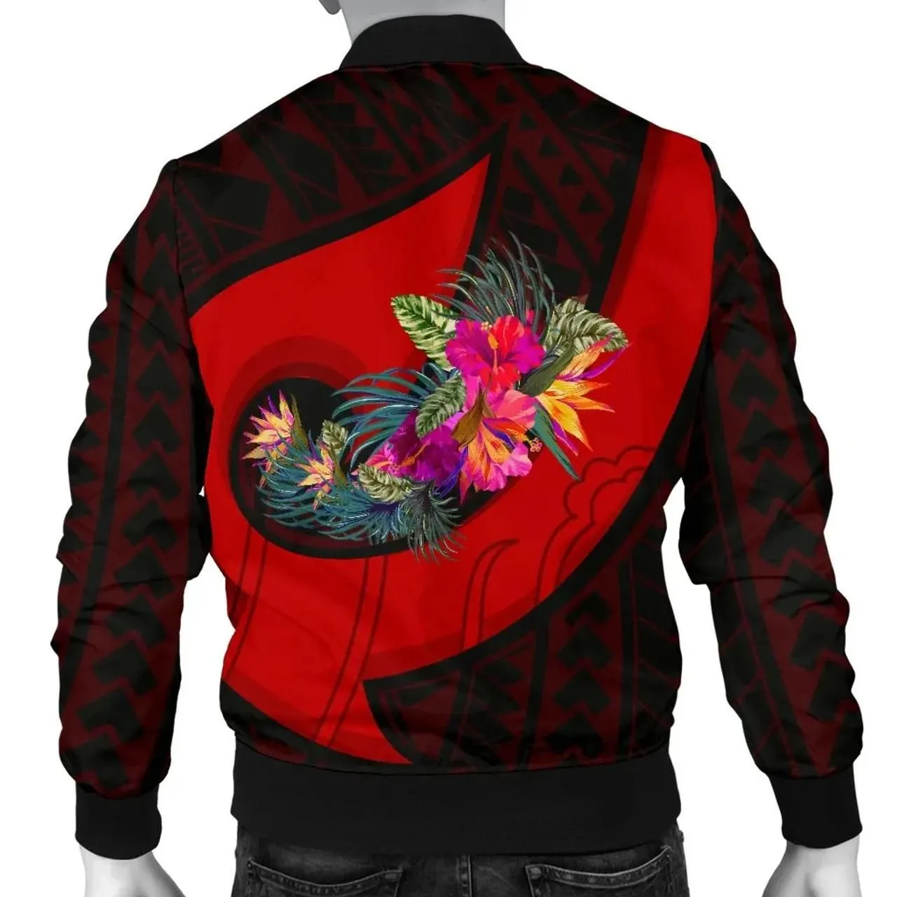 Yap Bomber Jacket - Polynesian Hook And Hibiscus (Red)