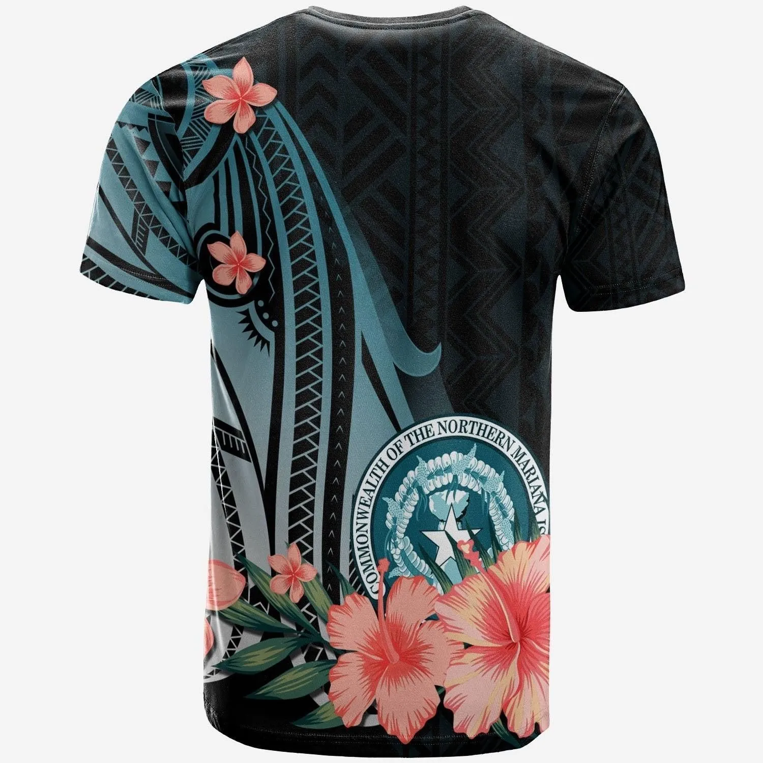 Northern Mariana Islands Personalised Custom T shirt - Turquoise Polynesian Hibiscus Pattern Style