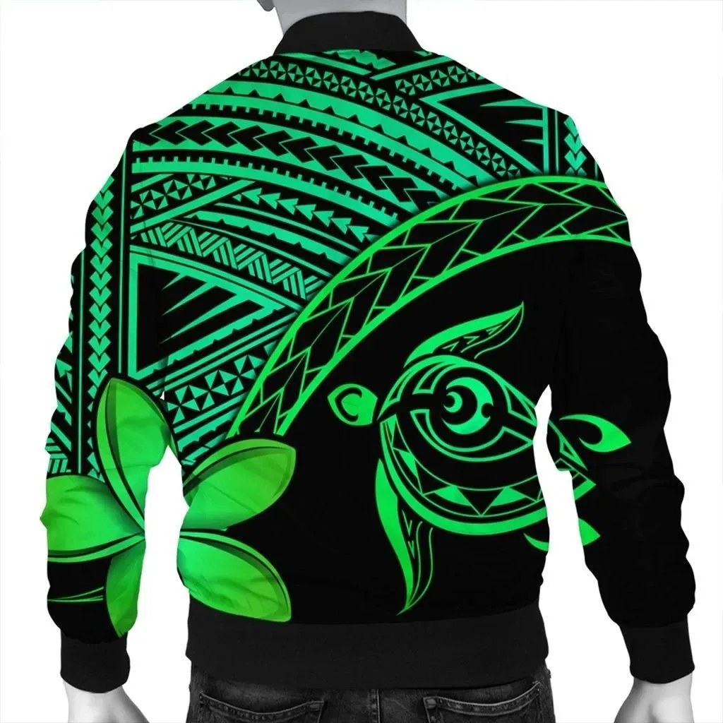 FamilyGater Jacket - Hawaiian Turtle Plumeria Kakau Polynesian Quilt Bomber Jacket Neo Green AH - J0R