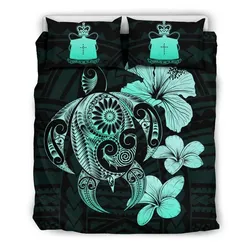 Alohawaii Bedding Set - Cover and Pillow Cases Tokelau Hibiscus Plumeria Mix Polynesian Turtle Turquoise J1