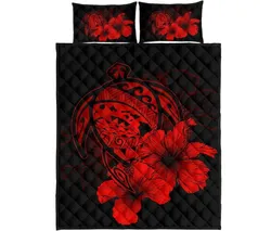 Alohawaii Home Set - Hawaiian Map Turtle Hibiscus Polynesian Quilt Bedding Set - Red - AH J9