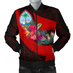 Guam Mens Bomber Jacket - Polynesian Hook and Hibiscus (Red)