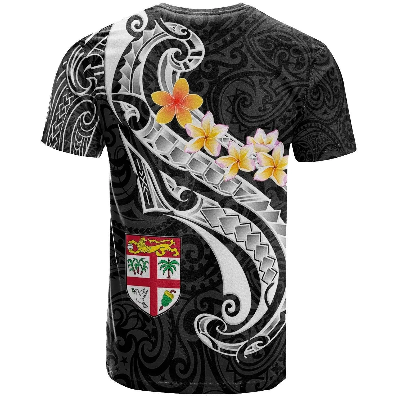 Fiji T-Shirt - Fiji Seal Polynesian Patterns Plumeria (Black)