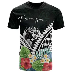 Tonga Polynesian T-Shirts - Tonga Coat of Arms & Polynesian Tropical Flowers White