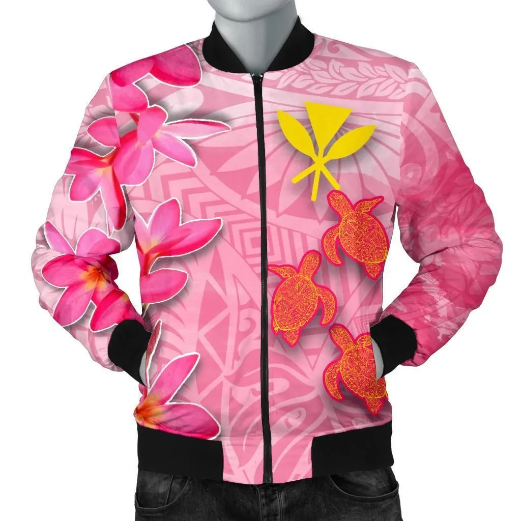 Hawaii Mens Bomber Jacket - Polynesian Pink Plumeria Turtle
