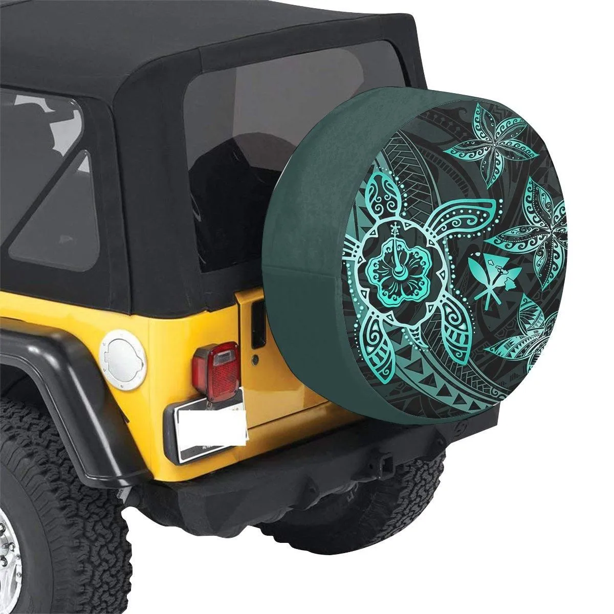 Kanaka Map Hibiscus Plumeria Turtle Art Turquoise Polynesian Spare Tire Cover AH