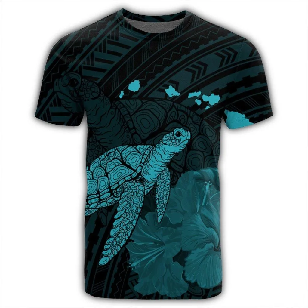 Hawaii Polynesian Hibiscus Turtle Map T-Shirt Blue - AH