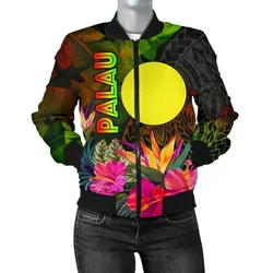 Palau Polynesian Women's Bomber Jacket -  Hibiscus and Banana Leaves - BN15