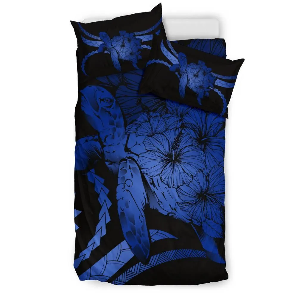 Hawaiian Bedding Set - Hawaii Turtle Hibiscus Polynesian Vintage Bedding Set - Blue - AH - J4