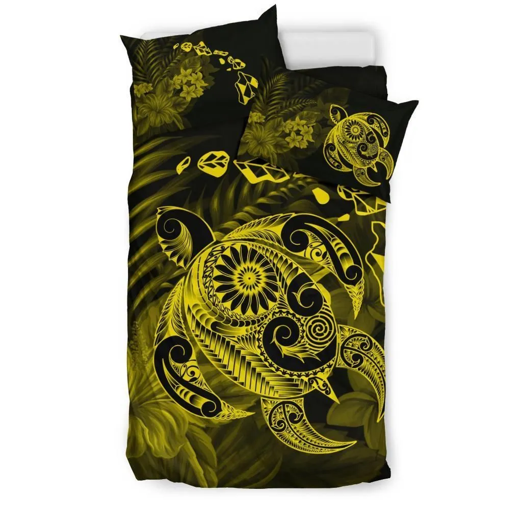 FamilyGater Bedding Set - Cover and Pillow Cases Hawaiian Map Turtle Tattoo Hibiscus Plumeria Polynesian - Yellow - AH - J4