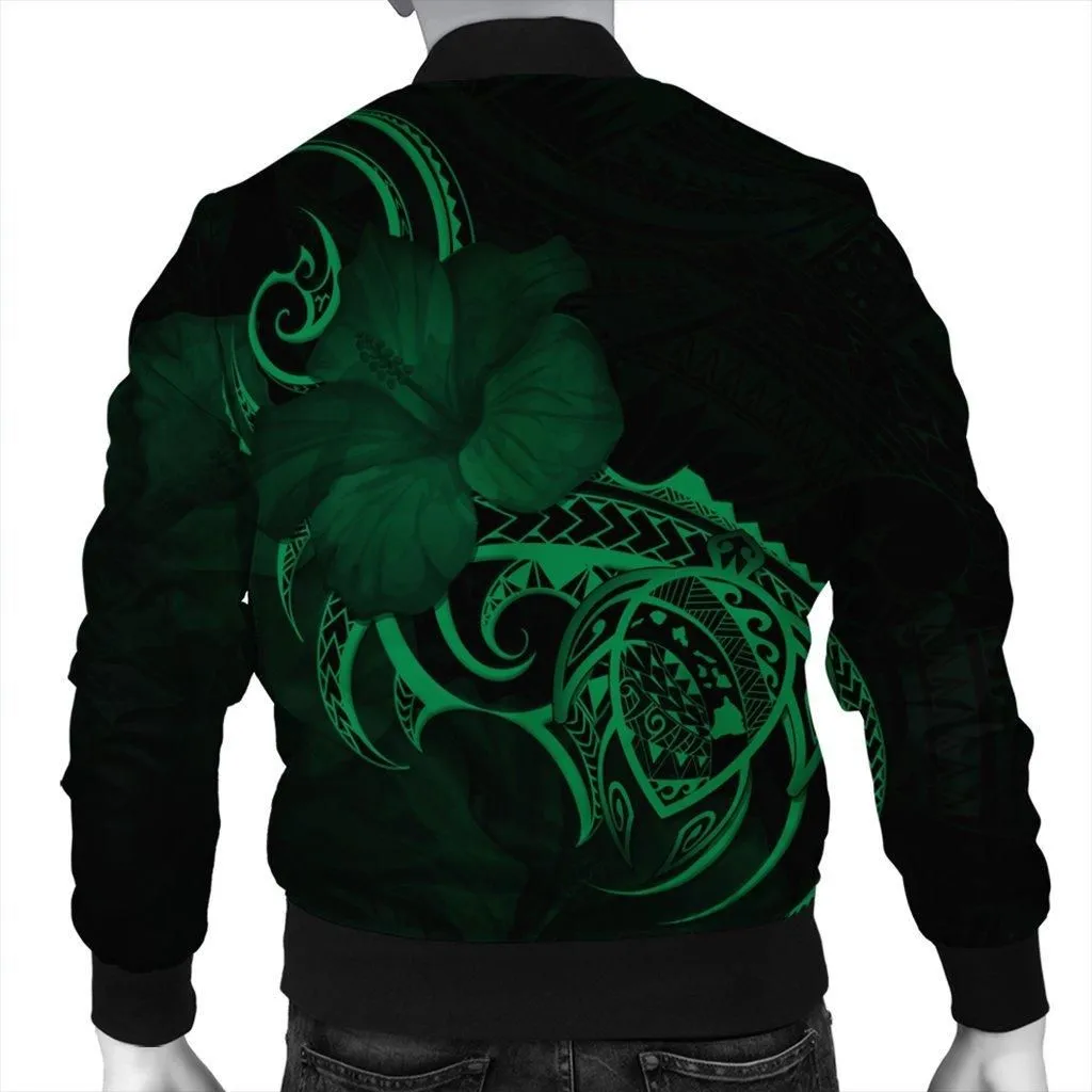 Hawaii Map Turtle Hibiscus Divise Polynesian Bomber Jacket Green - AH