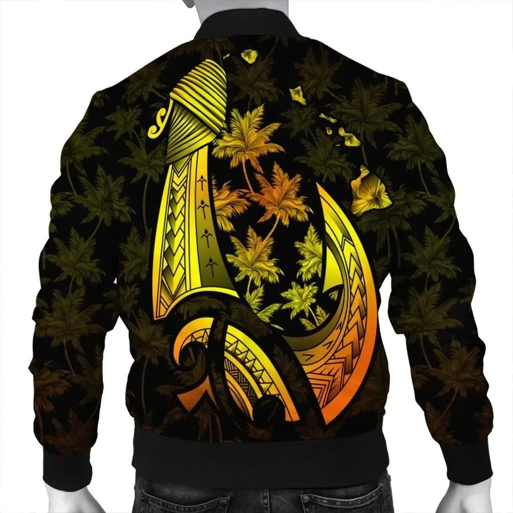 FamilyGater Jacket - Hawaiian Map Palm Trees Fish Hook Polynesian Bomber Jacket Colorful Yellow - AH - J5R