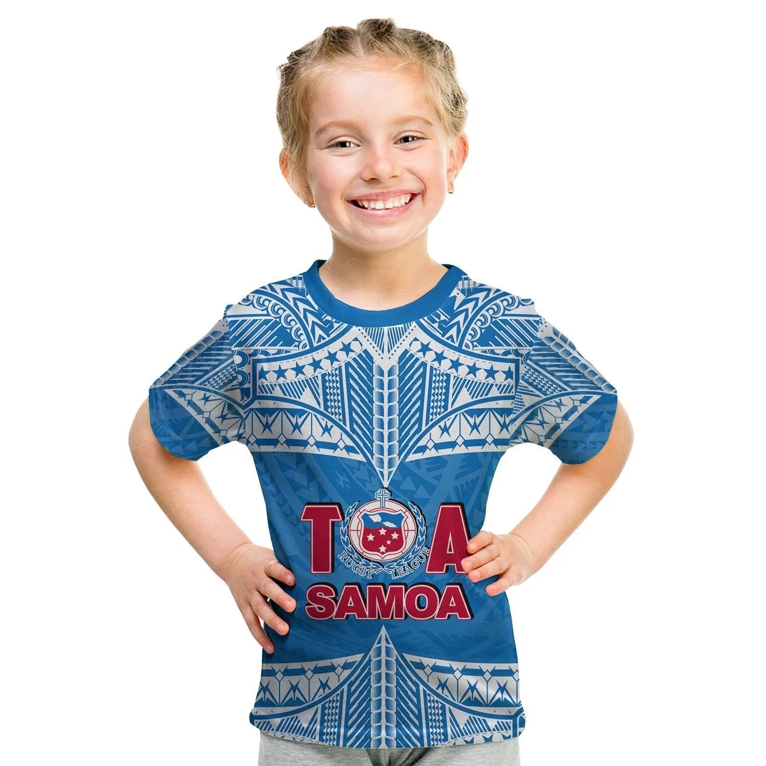 Custom Personalised And Number Toa Samoa Rugby T Shirt KID Blue Sky LT6