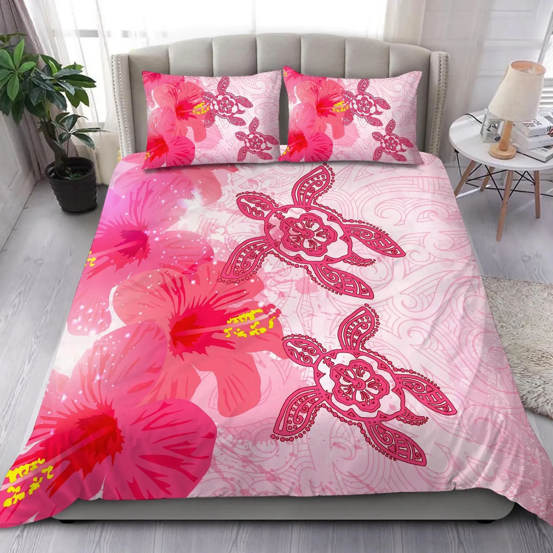 FamilyGater Home Set - Hawaii Turtle Hibiscus Polynesian Bedding Set - Pinky Style - AH - J2