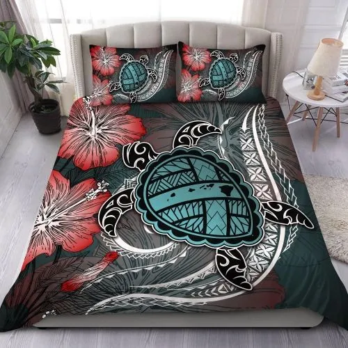 Hawaii Turtle Map Hibiscus Polynesian Bedding Set - AH