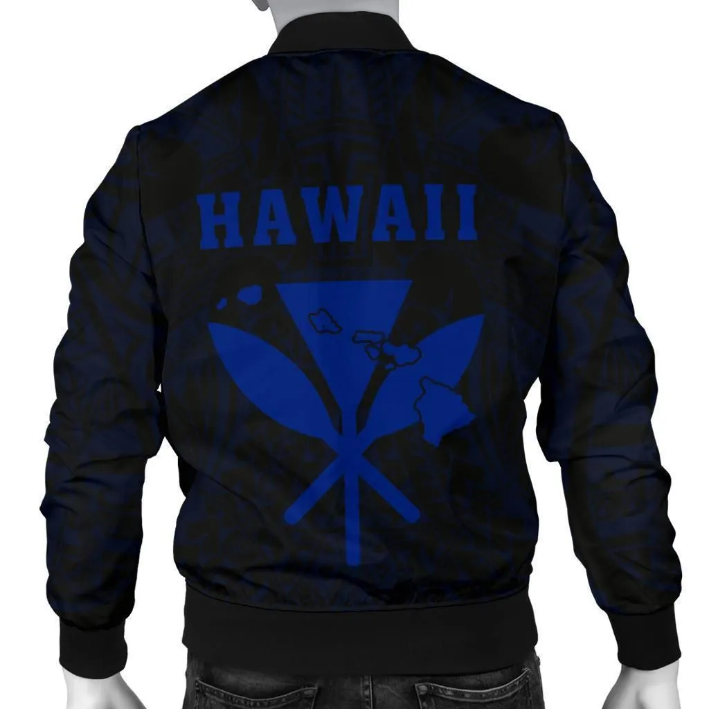 Hawaii Kakau Makau Fish Hook Kanaka Map Mens Bomber Jacket Polynesian - Blue