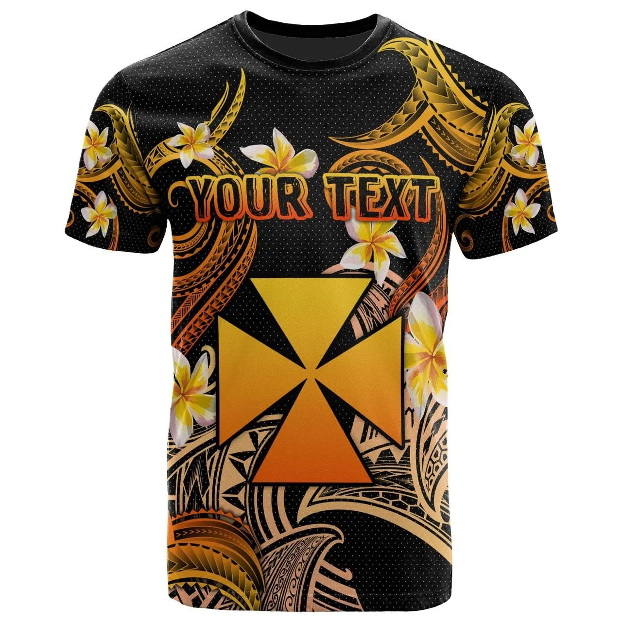 Wallis and Futuna T-shirt - Custom Personalised Polynesian Waves with Plumeria Flowers (Orange)